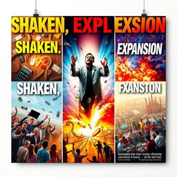 A vivid and dynamic poster for a competition titled 'Shaken, Explosion, and Expansion'