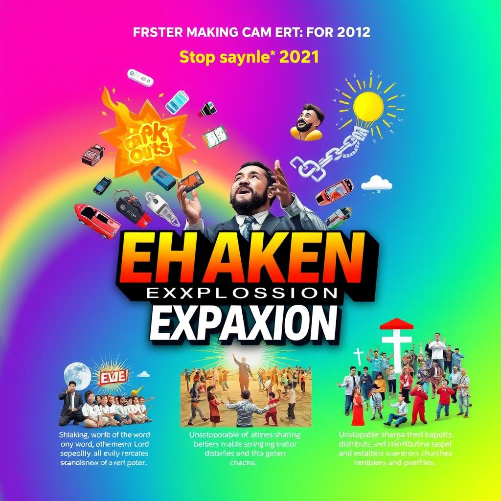 A vibrant poster for a poster-making competition titled "Shaken, Explosion, and Expansion"