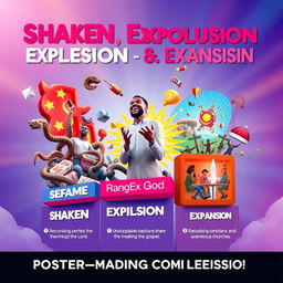 A vibrant poster for a poster-making competition titled "Shaken, Explosion, and Expansion"