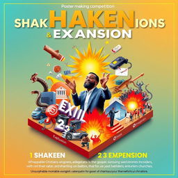 A vibrant poster for a poster-making competition titled "Shaken, Explosion, and Expansion"
