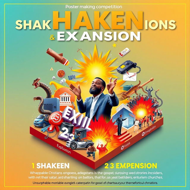 A vibrant poster for a poster-making competition titled "Shaken, Explosion, and Expansion"