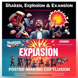A vibrant poster for a poster-making competition titled "Shaken, Explosion, and Expansion"
