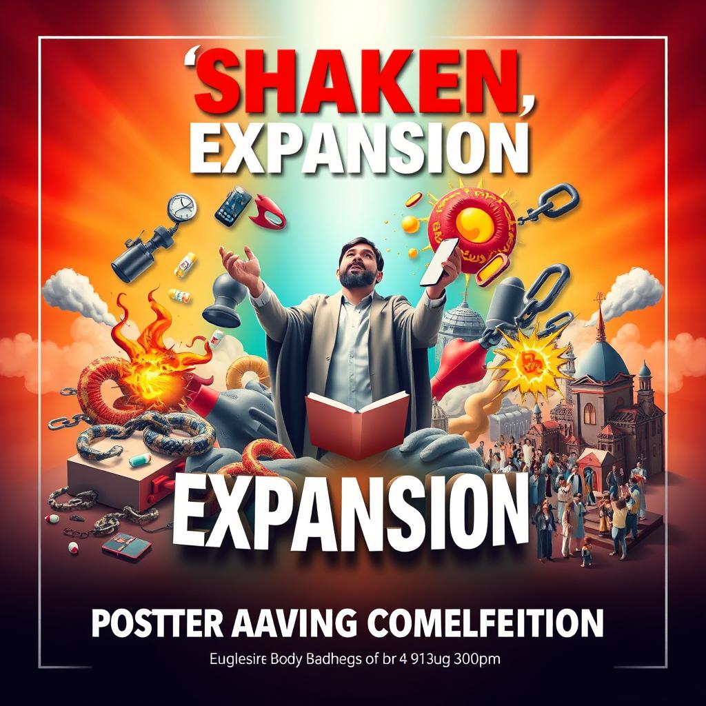 A striking poster for a poster-making competition titled "Shaken, Explosion, and Expansion"