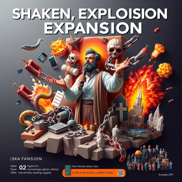 A striking poster for a poster-making competition titled "Shaken, Explosion, and Expansion"