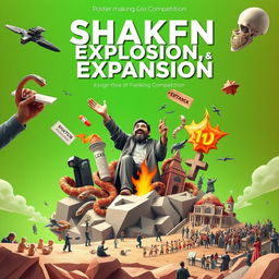 A striking poster for a poster-making competition titled "Shaken, Explosion, and Expansion"