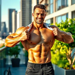 A muscular man confidently opening his shirt to reveal his chiseled physique, standing in a modern urban environment with a dynamic pose