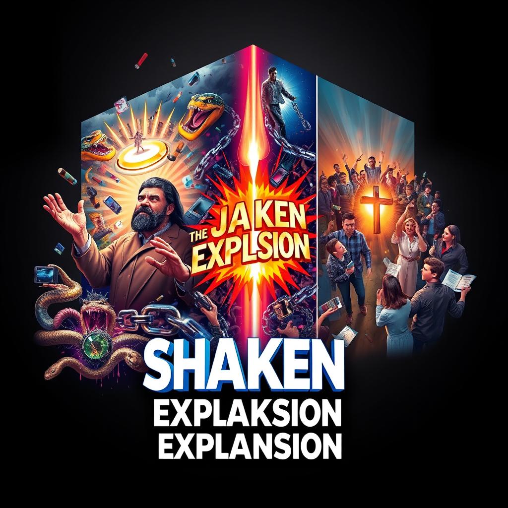 A vibrant, three-dimensional poster for a poster-making competition titled "Shaken, Explosion and Expansion"