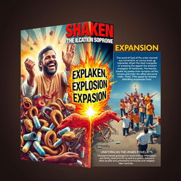 A vibrant, three-dimensional poster for a poster-making competition titled "Shaken, Explosion and Expansion"