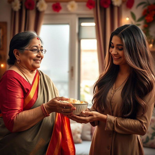 A warm and affectionate scene between a mother-in-law and daughter-in-law in a cozy home setting