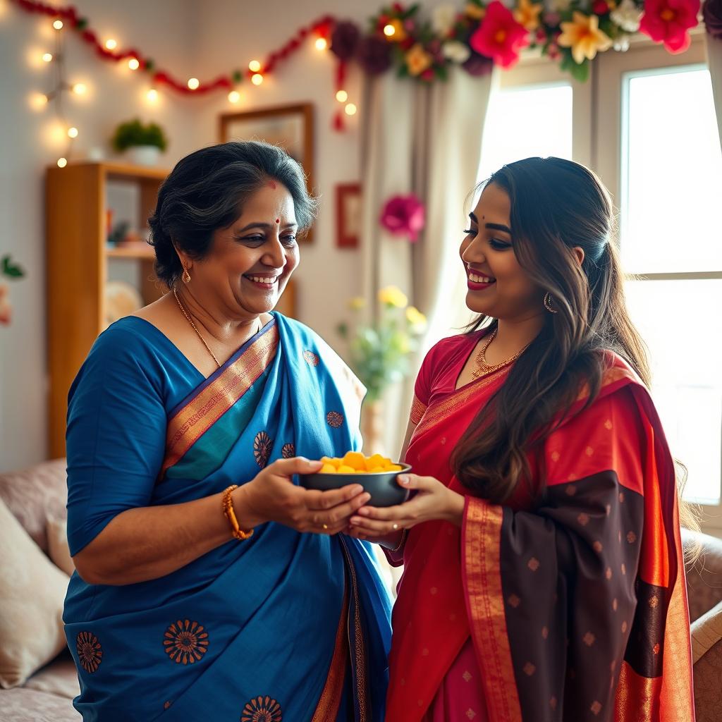 A warm and affectionate scene between a mother-in-law and daughter-in-law in a cozy home setting