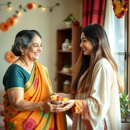 A warm and affectionate scene between a mother-in-law and daughter-in-law in a cozy home setting