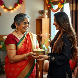 A warm and affectionate scene between a mother-in-law and daughter-in-law in a cozy home setting