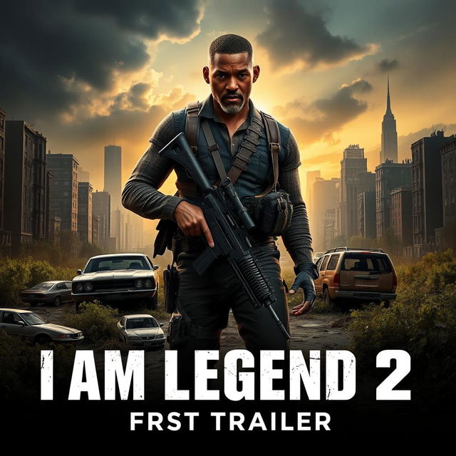 A cinematic poster for 'I Am Legend 2 (2025)', featuring a dramatic scene of Will Smith in a post-apocalyptic New York City