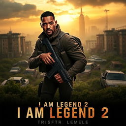 A cinematic poster for 'I Am Legend 2 (2025)', featuring a dramatic scene of Will Smith in a post-apocalyptic New York City