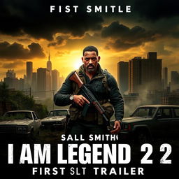 A cinematic poster for 'I Am Legend 2 (2025)', featuring a dramatic scene of Will Smith in a post-apocalyptic New York City
