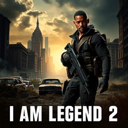 A cinematic poster for 'I Am Legend 2 (2025)', featuring a dramatic scene of Will Smith in a post-apocalyptic New York City