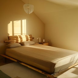 A natural bamboo bed with a comfortable mattress situated in a calm and serene setting