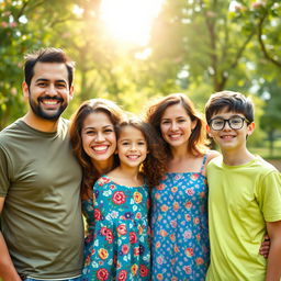 A warm and joyful portrait of a diverse family, smiling and standing together in a lush green park
