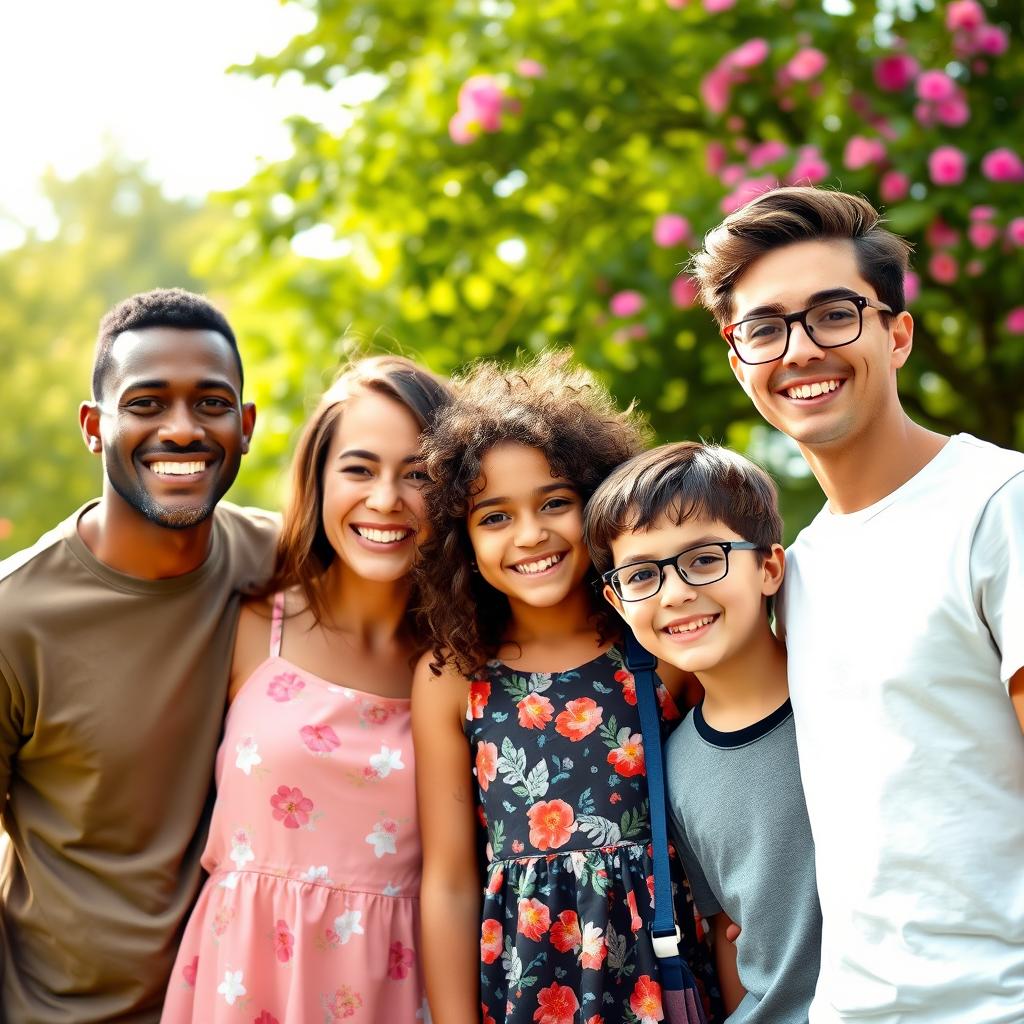 A warm and joyful portrait of a diverse family, smiling and standing together in a lush green park