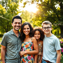 A warm and joyful portrait of a diverse family, smiling and standing together in a lush green park