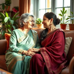 A romantic scene between a mother-in-law and daughter-in-law in a cozy living room setting