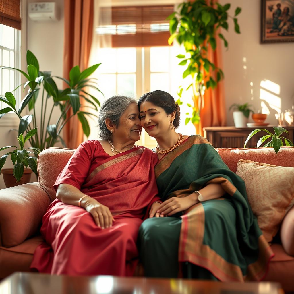 A romantic scene between a mother-in-law and daughter-in-law in a cozy living room setting