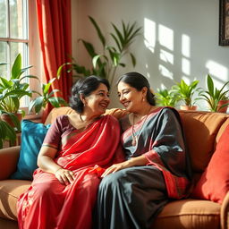 A romantic scene between a mother-in-law and daughter-in-law in a cozy living room setting