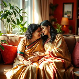 A romantic scene between a mother-in-law and daughter-in-law in a cozy living room setting