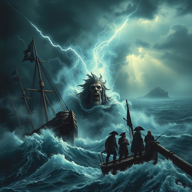 A dramatic and adventurous scene depicting the resurrection of Davy Jones from the depths of the sea