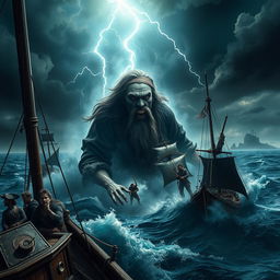 A dramatic and adventurous scene depicting the resurrection of Davy Jones from the depths of the sea