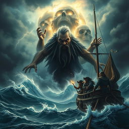 A dramatic and adventurous scene depicting the resurrection of Davy Jones from the depths of the sea