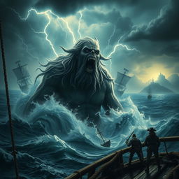 A dramatic and adventurous scene depicting the resurrection of Davy Jones from the depths of the sea