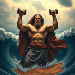 A muscular, buffed man resembling a classical interpretation of Moses, dramatically splitting the Red Sea with his arms raised, holding heavy dumbbells