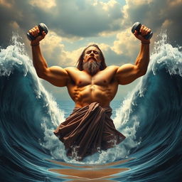 A muscular, buffed man resembling a classical interpretation of Moses, dramatically splitting the Red Sea with his arms raised, holding heavy dumbbells