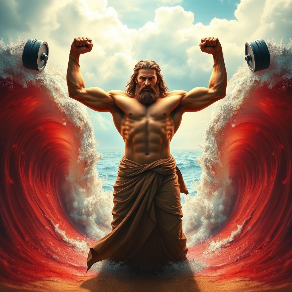 A muscular, buffed man resembling a classical interpretation of Moses, dramatically splitting the Red Sea with his arms raised, holding heavy dumbbells