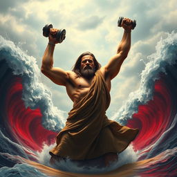 A muscular, buffed man resembling a classical interpretation of Moses, dramatically splitting the Red Sea with his arms raised, holding heavy dumbbells