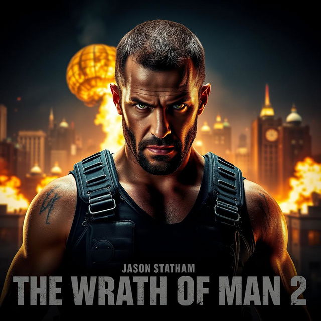 An action-packed cinematic poster for 'The Wrath of Man 2' featuring Jason Statham as a hardened, intense character with a fierce expression