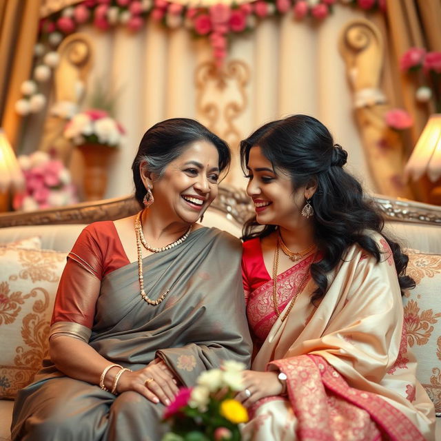 A romantic scene between an attractive mother-in-law and daughter-in-law, sitting together in a beautifully decorated living room filled with flowers and soft lighting