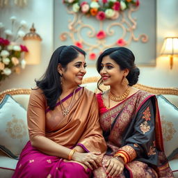 A romantic scene between an attractive mother-in-law and daughter-in-law, sitting together in a beautifully decorated living room filled with flowers and soft lighting