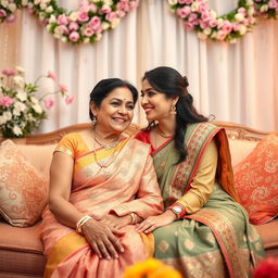 A romantic scene between an attractive mother-in-law and daughter-in-law, sitting together in a beautifully decorated living room filled with flowers and soft lighting