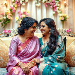 A romantic scene between an attractive mother-in-law and daughter-in-law, sitting together in a beautifully decorated living room filled with flowers and soft lighting