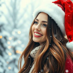 A beautiful woman with long, flowing hair wearing a festive Christmas hat, surrounded by a winter wonderland
