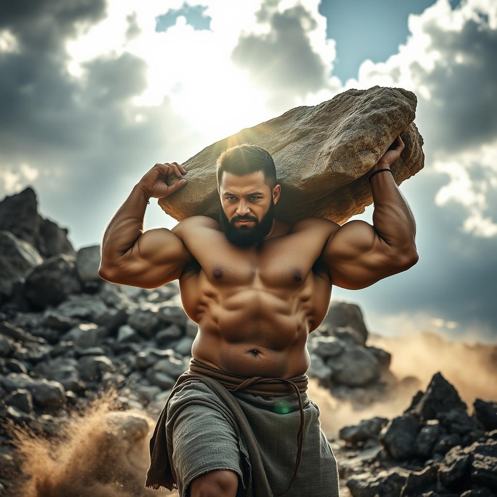 A powerful and muscular man resembling a biblical character, Cain, demonstrating immense strength as he effortlessly carries a large, heavy rock over his shoulder