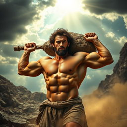 A powerful and muscular man resembling a biblical character, Cain, demonstrating immense strength as he effortlessly carries a large, heavy rock over his shoulder
