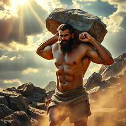 A powerful and muscular man resembling a biblical character, Cain, demonstrating immense strength as he effortlessly carries a large, heavy rock over his shoulder