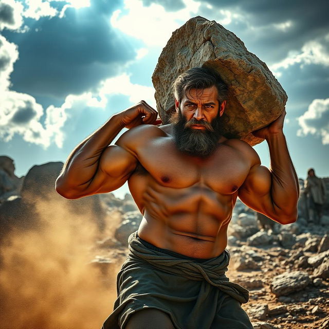 A powerful and muscular man resembling a biblical character, Cain, demonstrating immense strength as he effortlessly carries a large, heavy rock over his shoulder