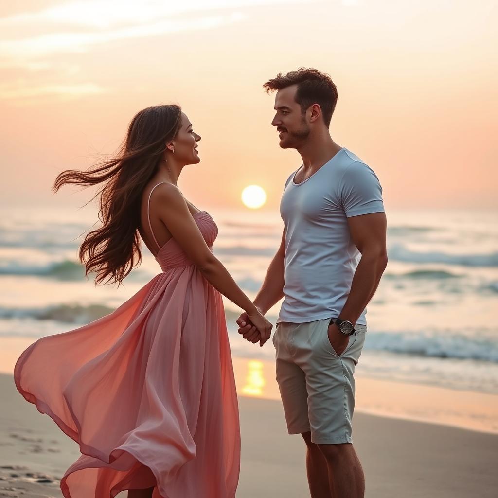 A romantic scene featuring an age-gap couple, standing on a scenic beach during sunset