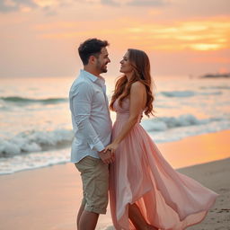 A romantic scene featuring an age-gap couple, standing on a scenic beach during sunset