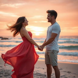 A romantic scene featuring an age-gap couple, standing on a scenic beach during sunset
