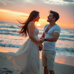 A romantic scene featuring an age-gap couple, standing on a scenic beach during sunset